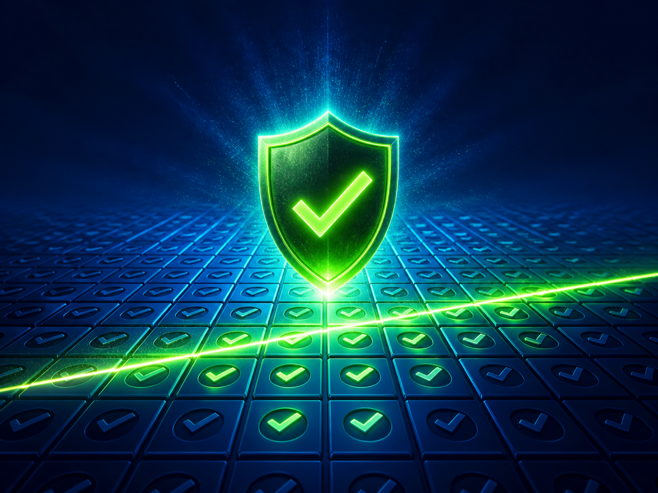 A glowing green shield rising above a vast grid of blue configuration tiles, a bright green scan line sweeping across rows of green ticks